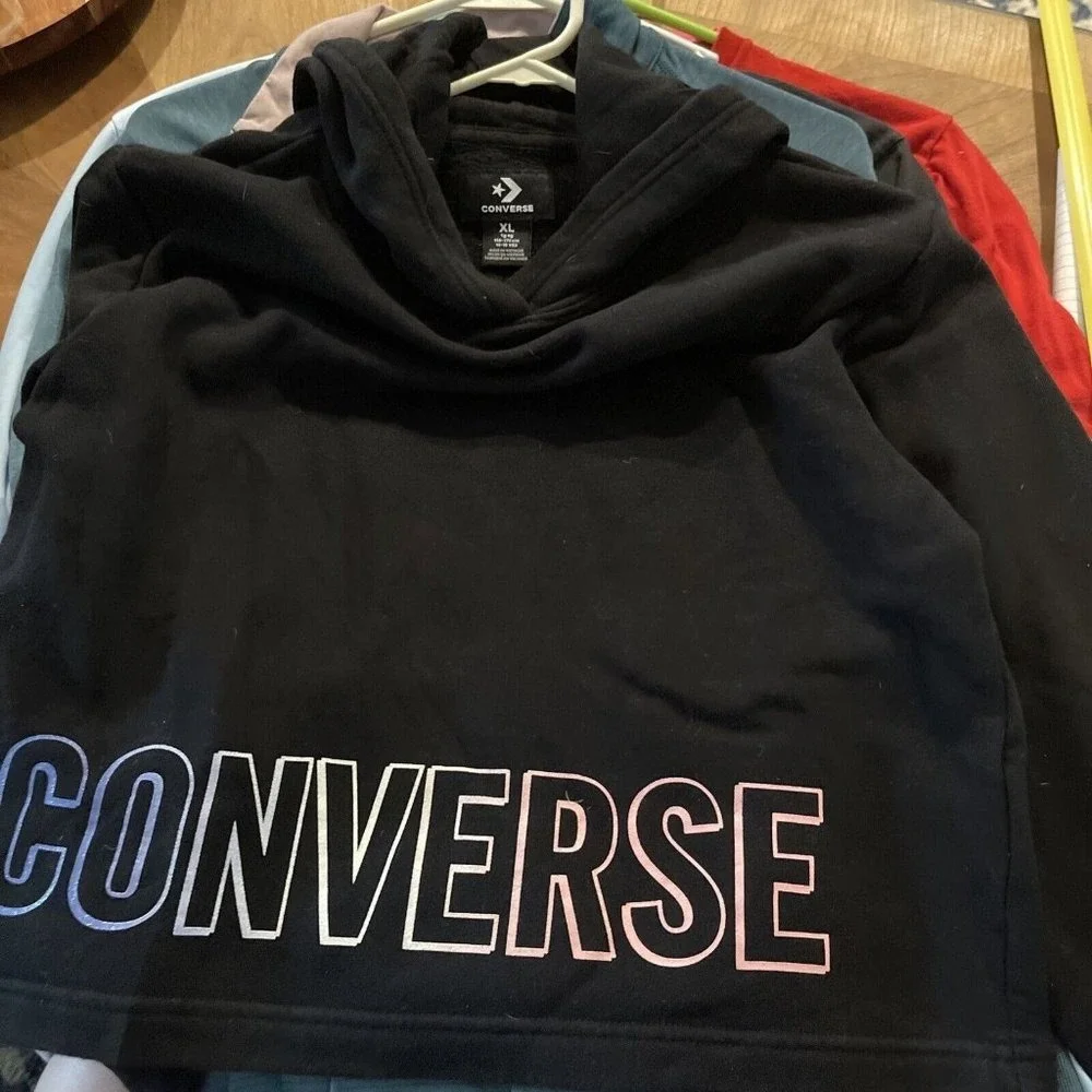 Converse Crop Hoodie Girls XLarge 13-15 Youth Sweatshirt Black‎ Rainbow Colorful